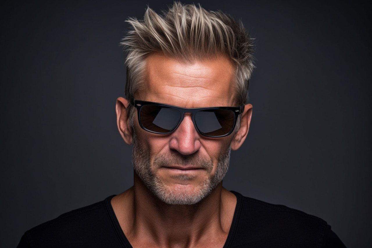 A picture of a handsome man in a black shirt and sunglasses with a gray backgroun, personal grooming man photo
