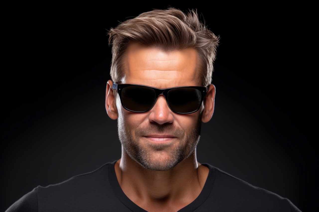 A picture of a handsome man in a black shirt and sunglasses with a gray backgroun, personal grooming man photo