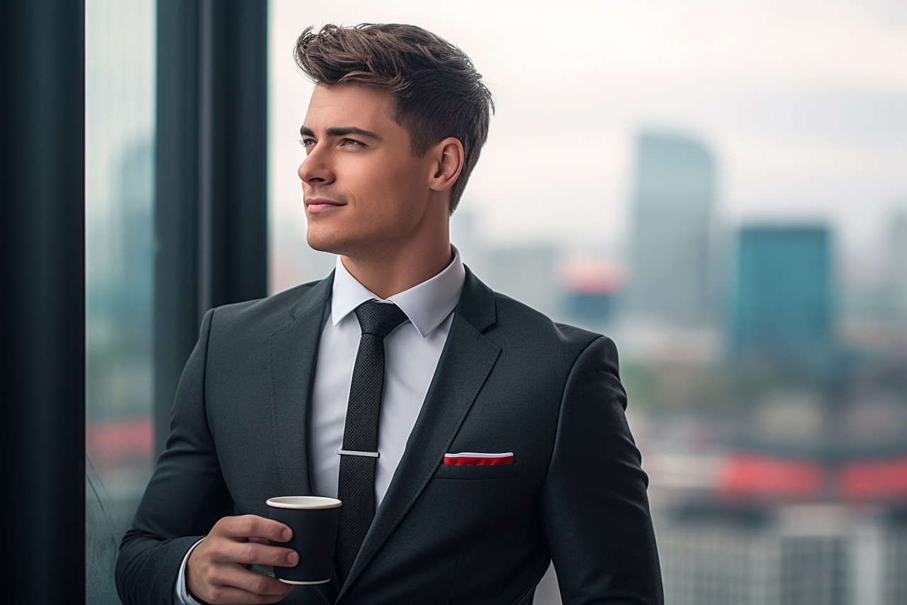 A picture of a young man wearing a suit and holding a coffee cup he is standing outside and looking away from the camera there is a city in the background, personal grooming man image