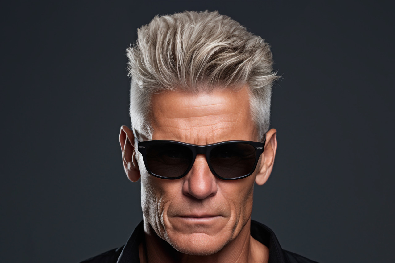 A picture of a handsome man in a black shirt and sunglasses with a gray backgroun, personal grooming man photo