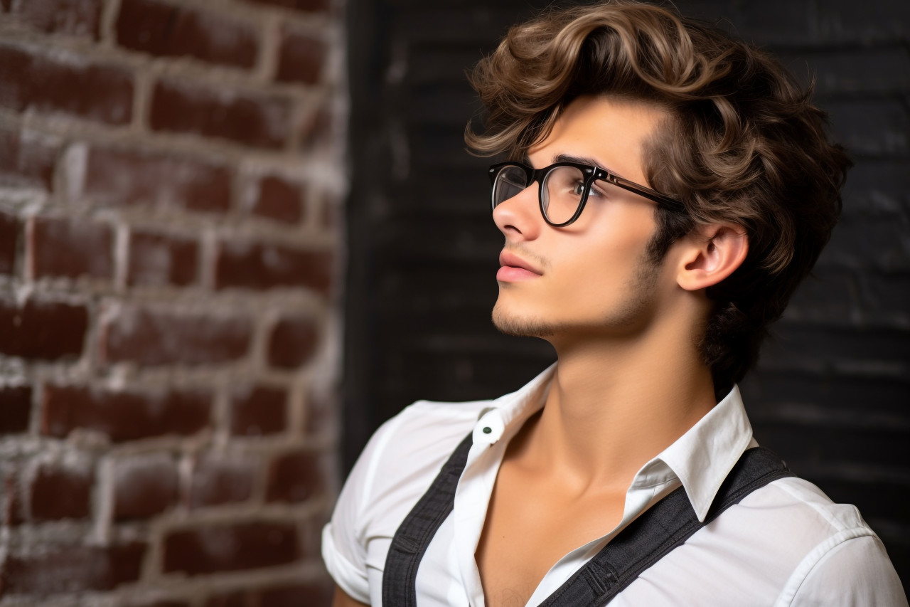 A picture of a handsome young man in casual clothes fixing his glasses and looking away from the camera while standing in front of a brick wall, personal grooming man image