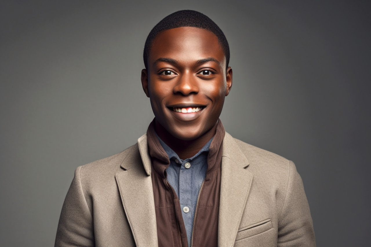 A picture of a young and good looking african man standing against a gray background he is wearing a smart casual jacket and has his hands in his pockets he is smiling, personal grooming man photo