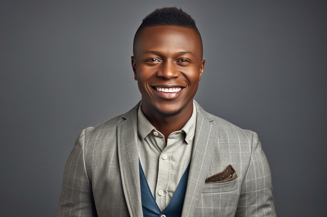 A picture of a young and good looking african man standing against a gray background he is wearing a smart casual jacket and has his hands in his pockets he is smiling, personal grooming man photo