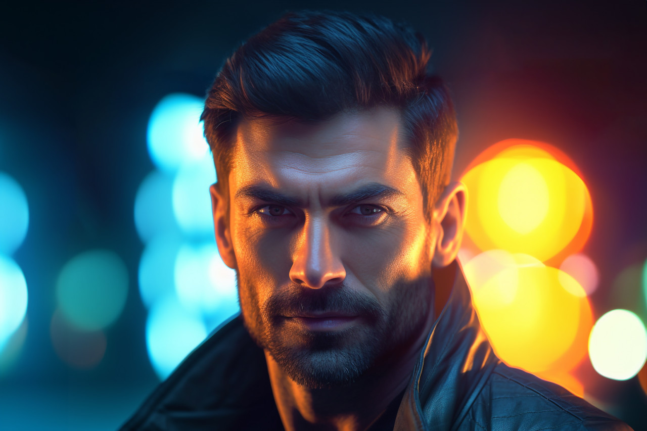 Close up photo of a handsome man at night lit by neon lights, personal grooming man photo