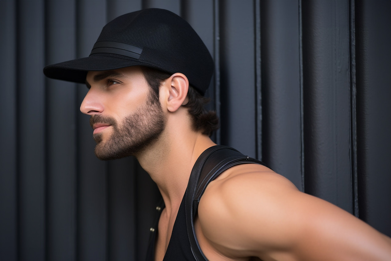 Picture of a cool young man in a black hat leaning against a wall and looking away, personal grooming man image