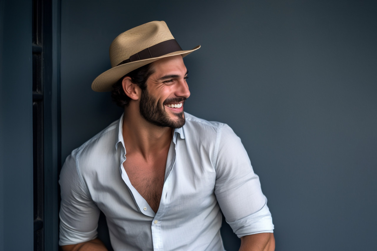 A picture of a good looking young man in nice casual clothes fixing his hat and smiling while leaning against a wall, personal grooming man image
