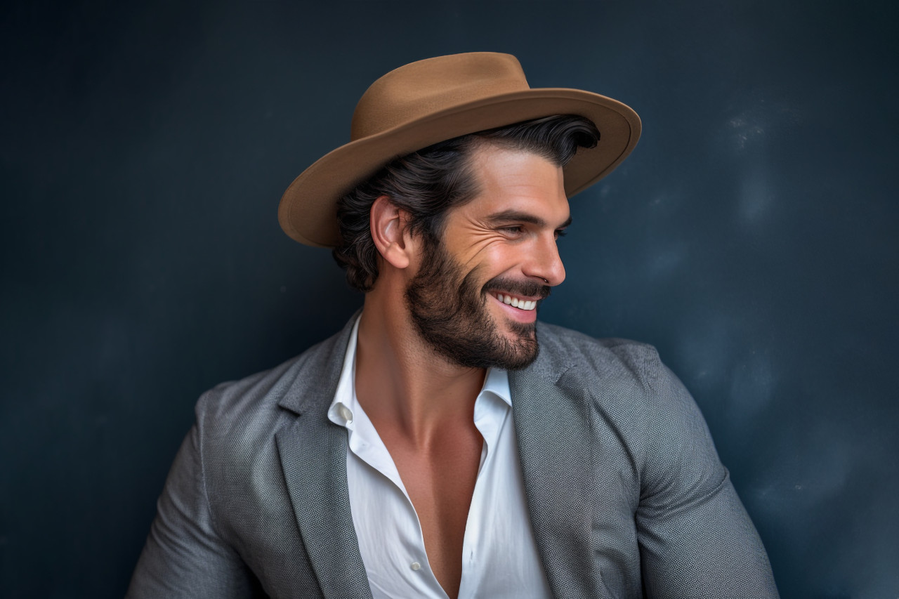 A picture of a good looking young man in nice casual clothes fixing his hat and smiling while leaning against a wall, personal grooming man image