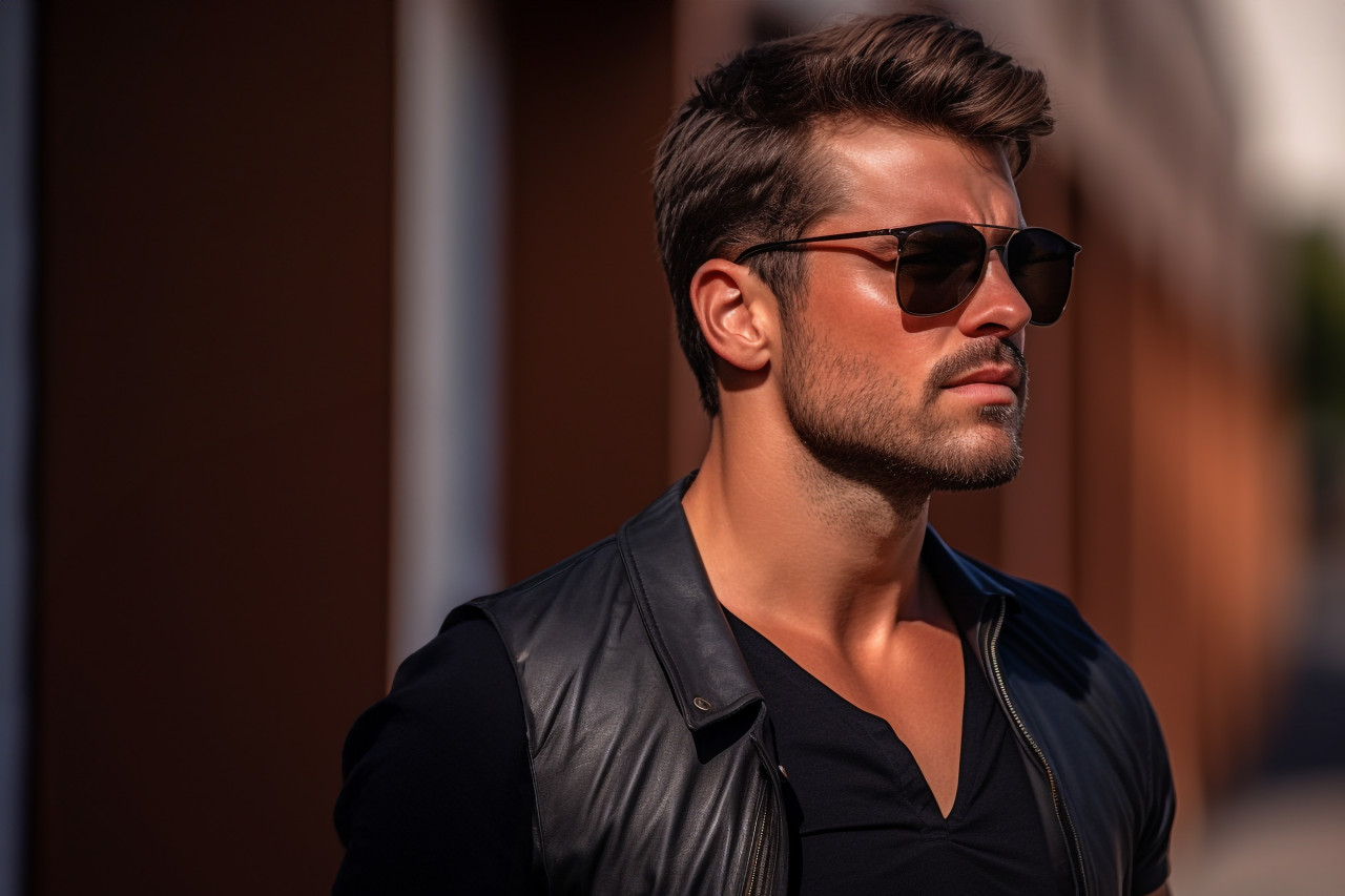 A photo of a young man wearing sunglasses and carrying a leather bag taken from a low angle while he is walking outdoors and looking away from the camera, personal grooming man image