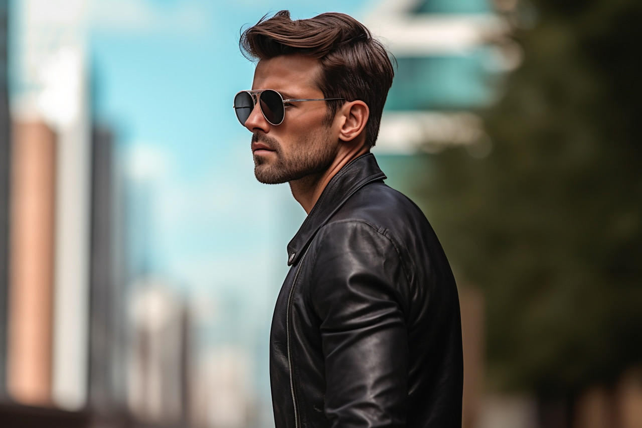 A photo of a young man wearing sunglasses and carrying a leather bag taken from a low angle while he is walking outdoors and looking away from the camera, personal grooming man image