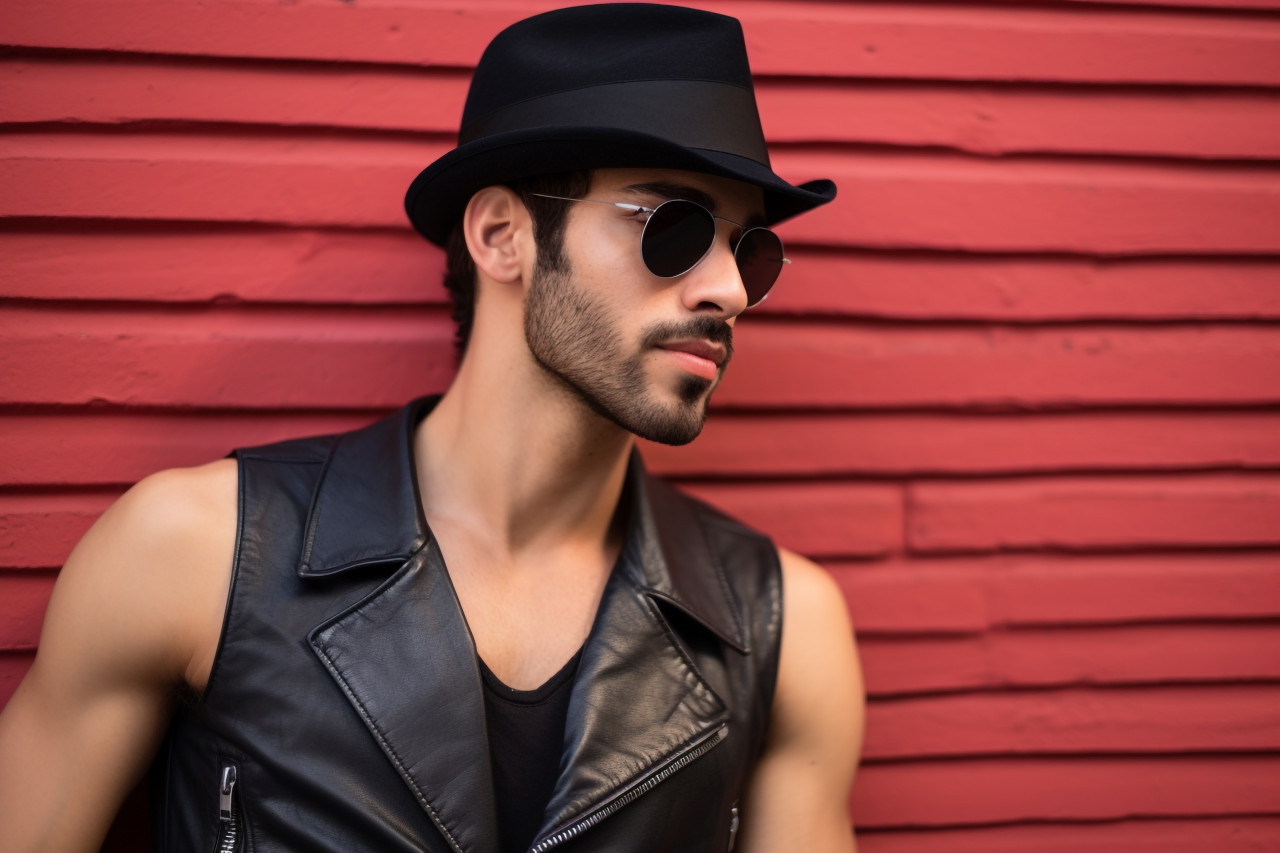 Picture of a cool young man in a black hat leaning against a wall and looking away, personal grooming man image