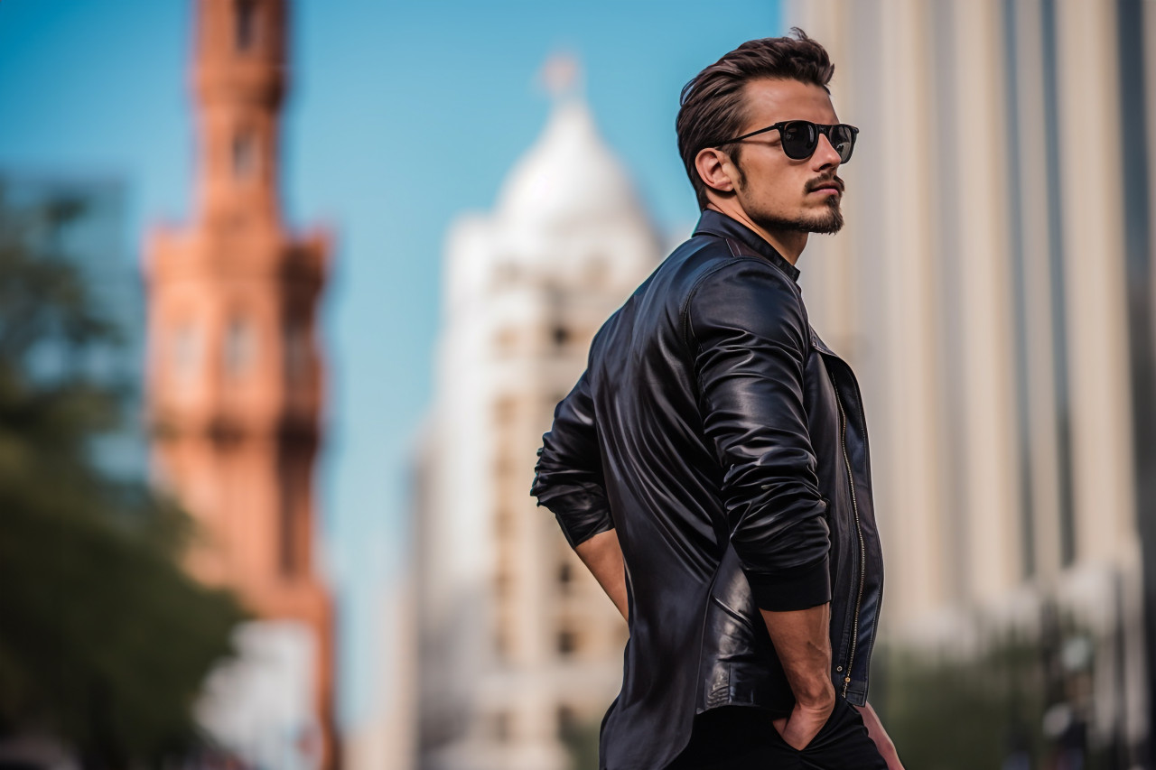 A photo of a young man wearing sunglasses and carrying a leather bag taken from a low angle while he is walking outdoors and looking away from the camera, personal grooming man image