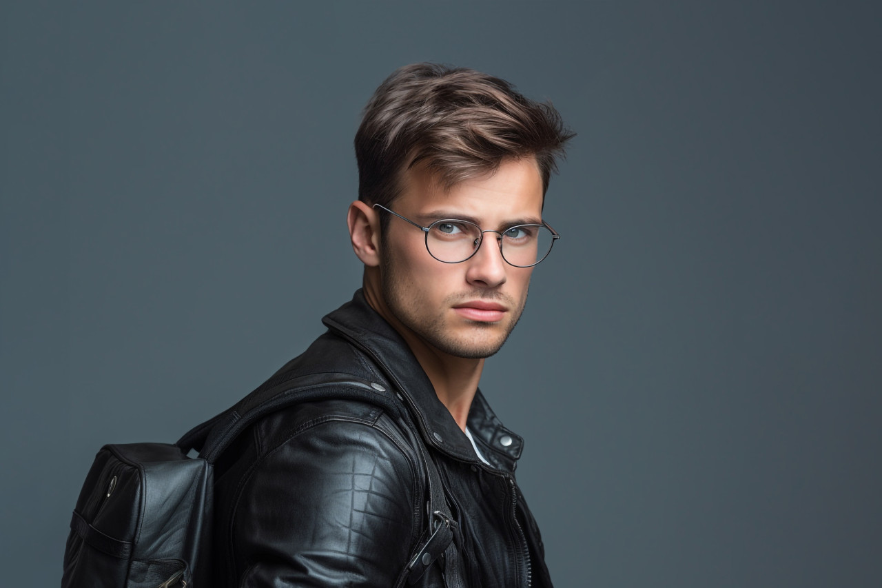 Picture of a young man who is sure of himself and looks good he is wearing glasses and holding a bag he is standing in front of a gray background and looking away from the camera, personal grooming man image
