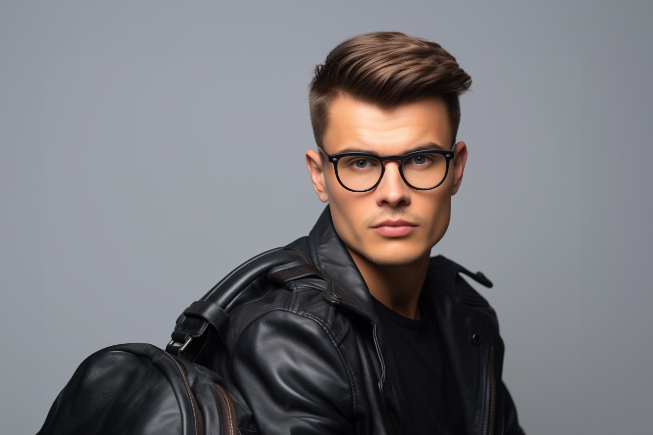Picture of a young man who is sure of himself and looks good he is wearing glasses and holding a bag he is standing in front of a gray background and looking away from the camera, personal grooming man image