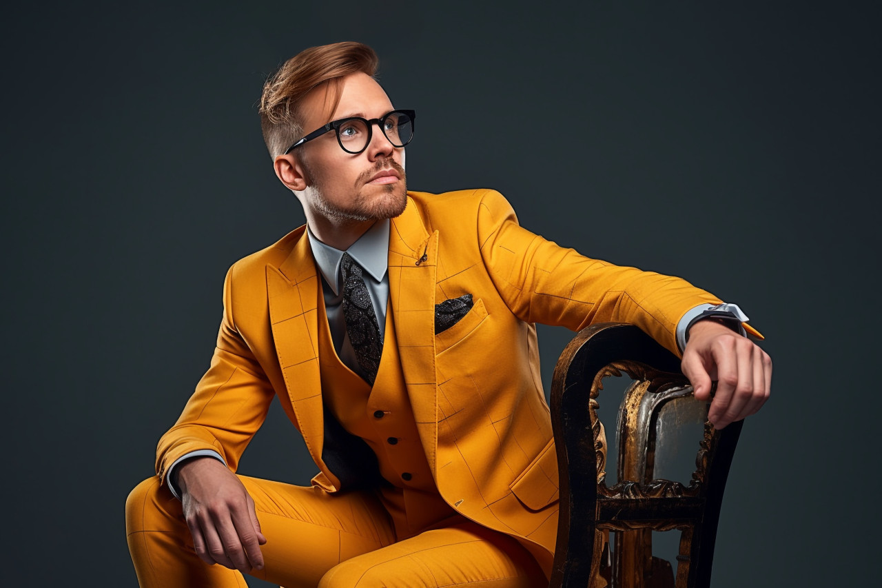 A picture of a good looking young man in a suit and glasses sitting on a stool and looking away, personal grooming man image
