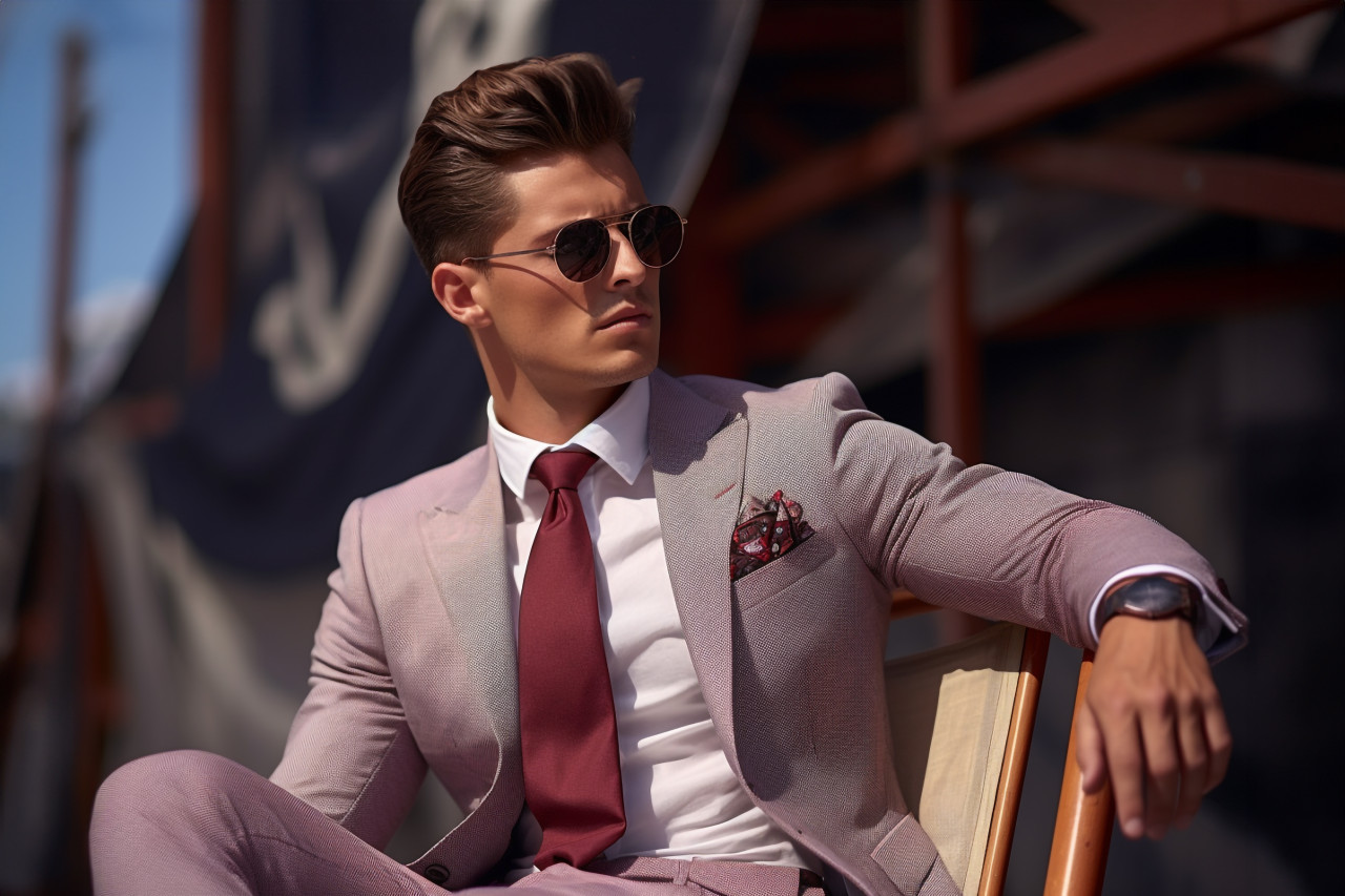 Picture of a cool young man in a stylish suit and glasses sitting outside and enjoying himself, personal grooming man photo