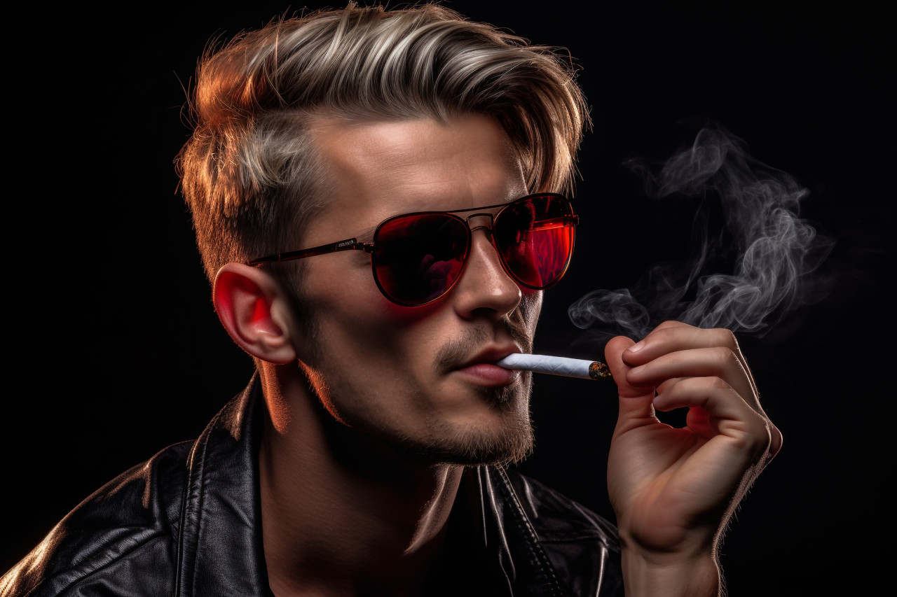 A photo of a young man in a studio holding an electronic cigarette, personal grooming man image