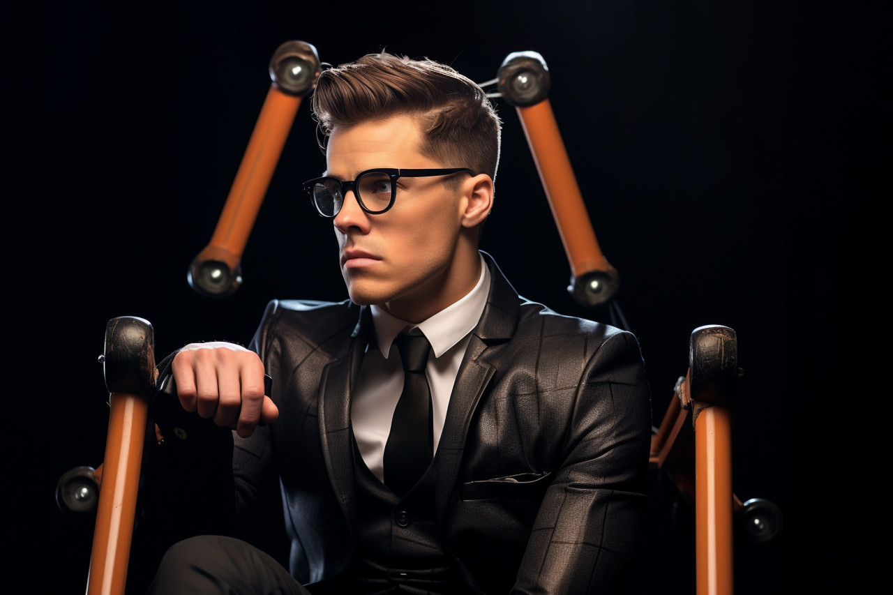 A picture of a good looking young man in a suit and glasses sitting on a stool and looking away, personal grooming man image