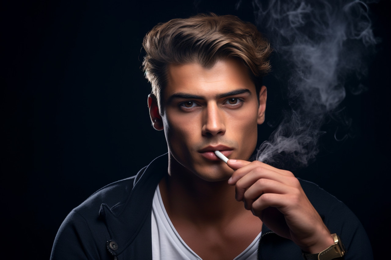A photo of a young man in a studio holding an electronic cigarette, personal grooming man image