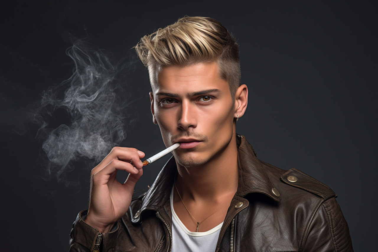 A photo of a young man in a studio holding an electronic cigarette, personal grooming man image