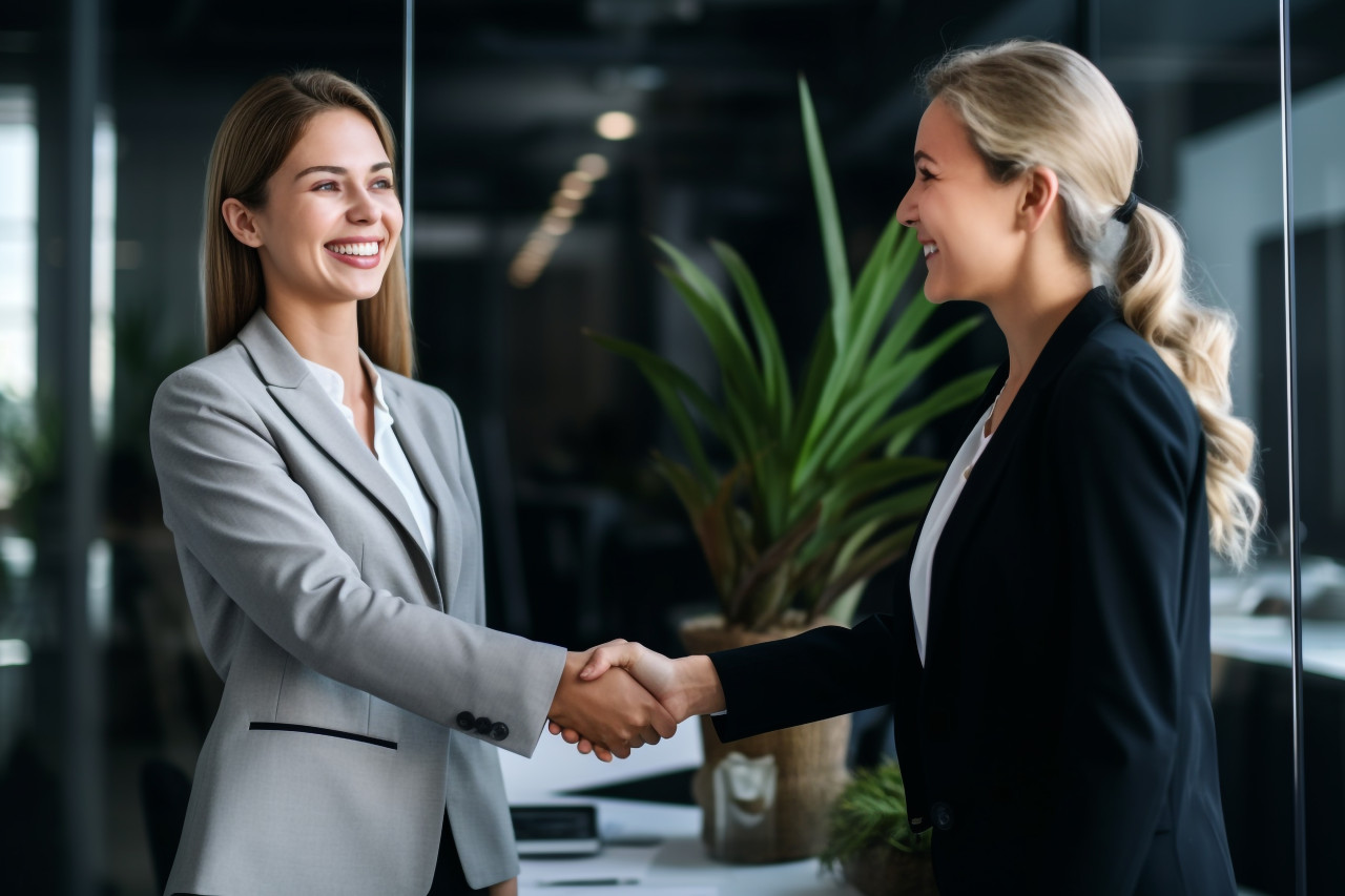 A photo of a happy businesswoman shaking hands with someone in an office, business and corporate inside office image