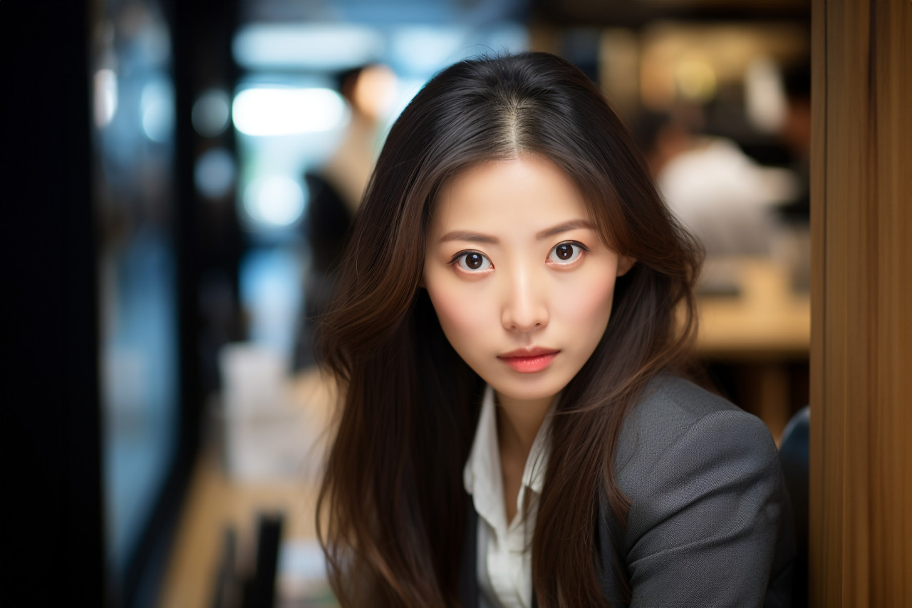Picture of an asian businesswoman in an office looking at the camera, business and corporate inside office photo