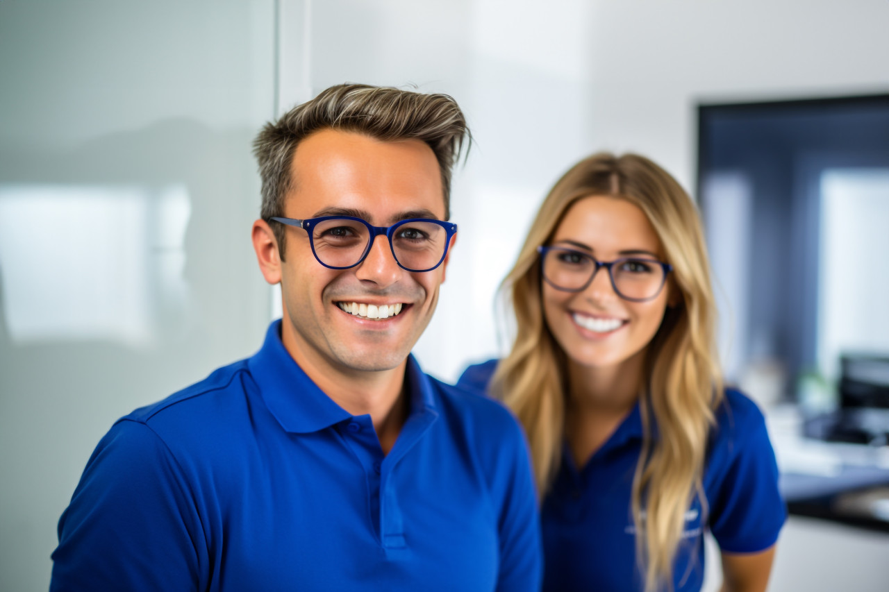 A photo of a smiling young businessman in a blue polo shirt and glasses standing in the office with his female co worker behind him, business and corporate inside office image