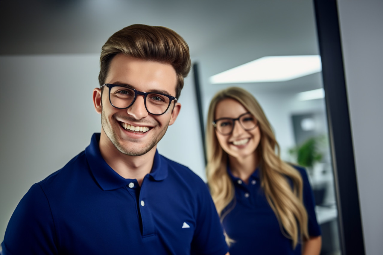 A photo of a smiling young businessman in a blue polo shirt and glasses standing in the office with his female co worker behind him, business and corporate inside office image