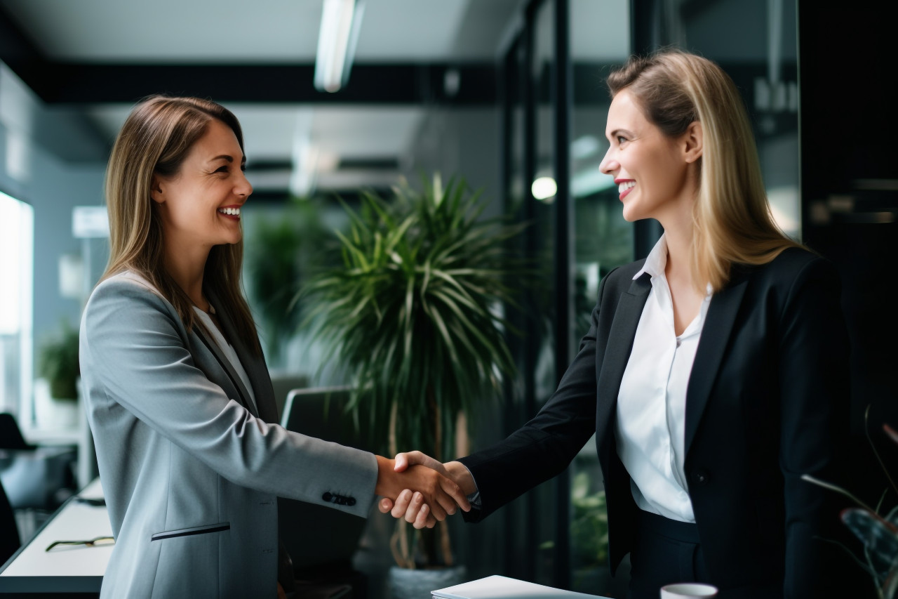 A photo of a happy businesswoman shaking hands with someone in an office, business and corporate inside office image