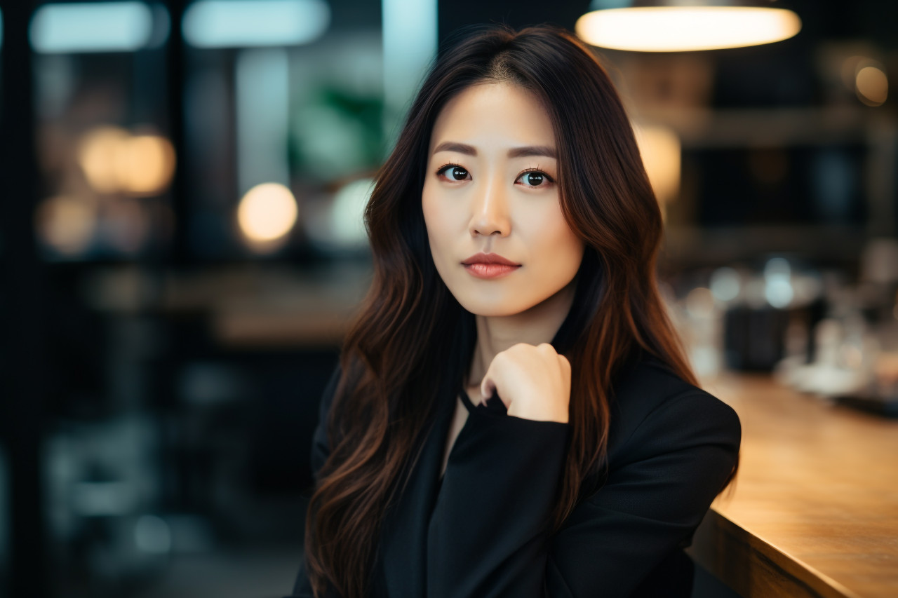Picture of an asian businesswoman in an office looking at the camera, business and corporate inside office photo