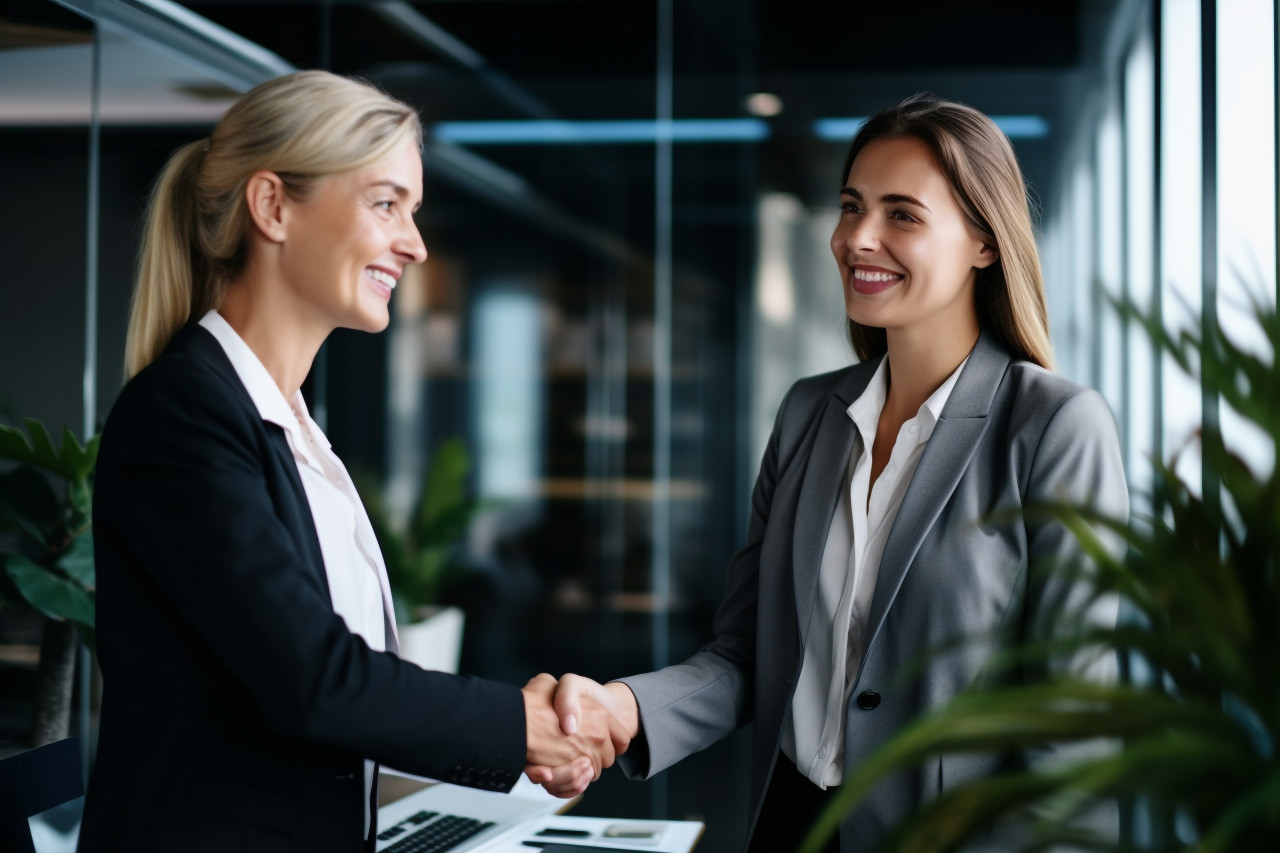 A photo of a happy businesswoman shaking hands with someone in an office, business and corporate inside office image