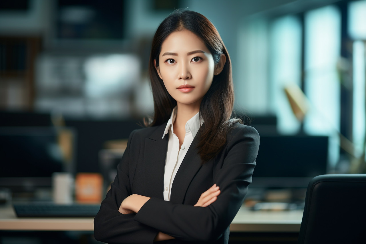 Picture of an asian businesswoman in an office looking at the camera, business and corporate inside office photo