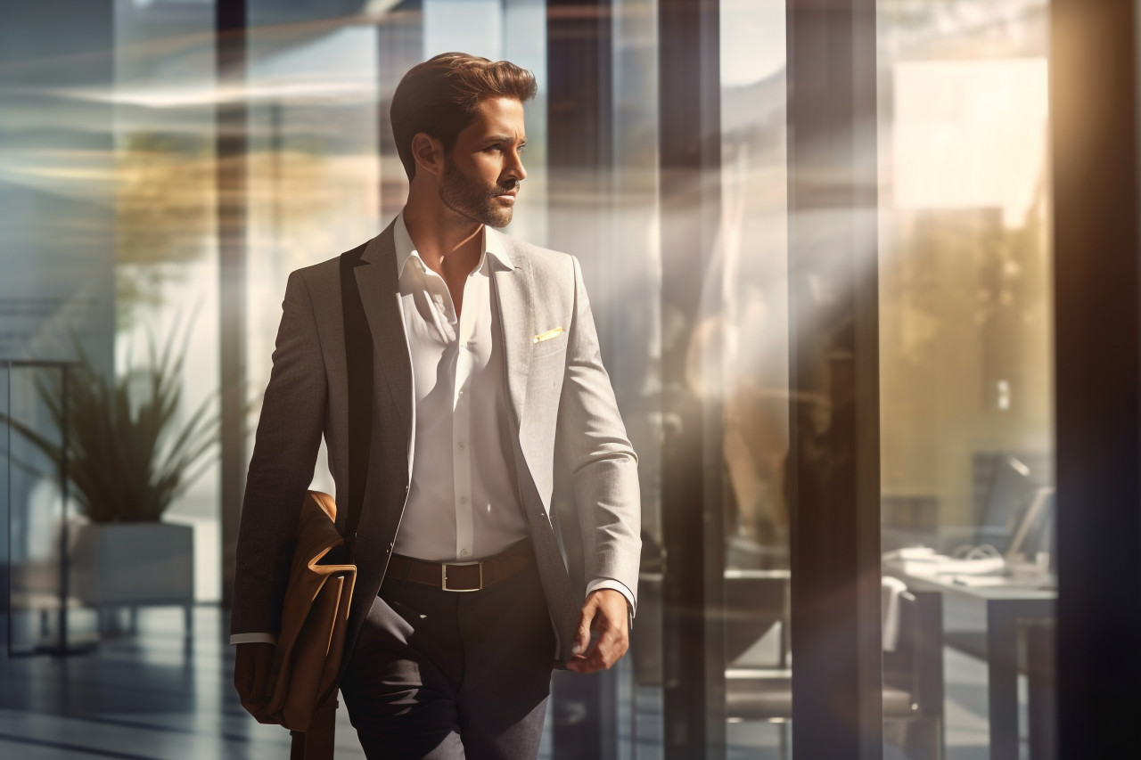 A blurry picture of a businessman walking in an office with sunlight streaming in, business and corporate inside office image