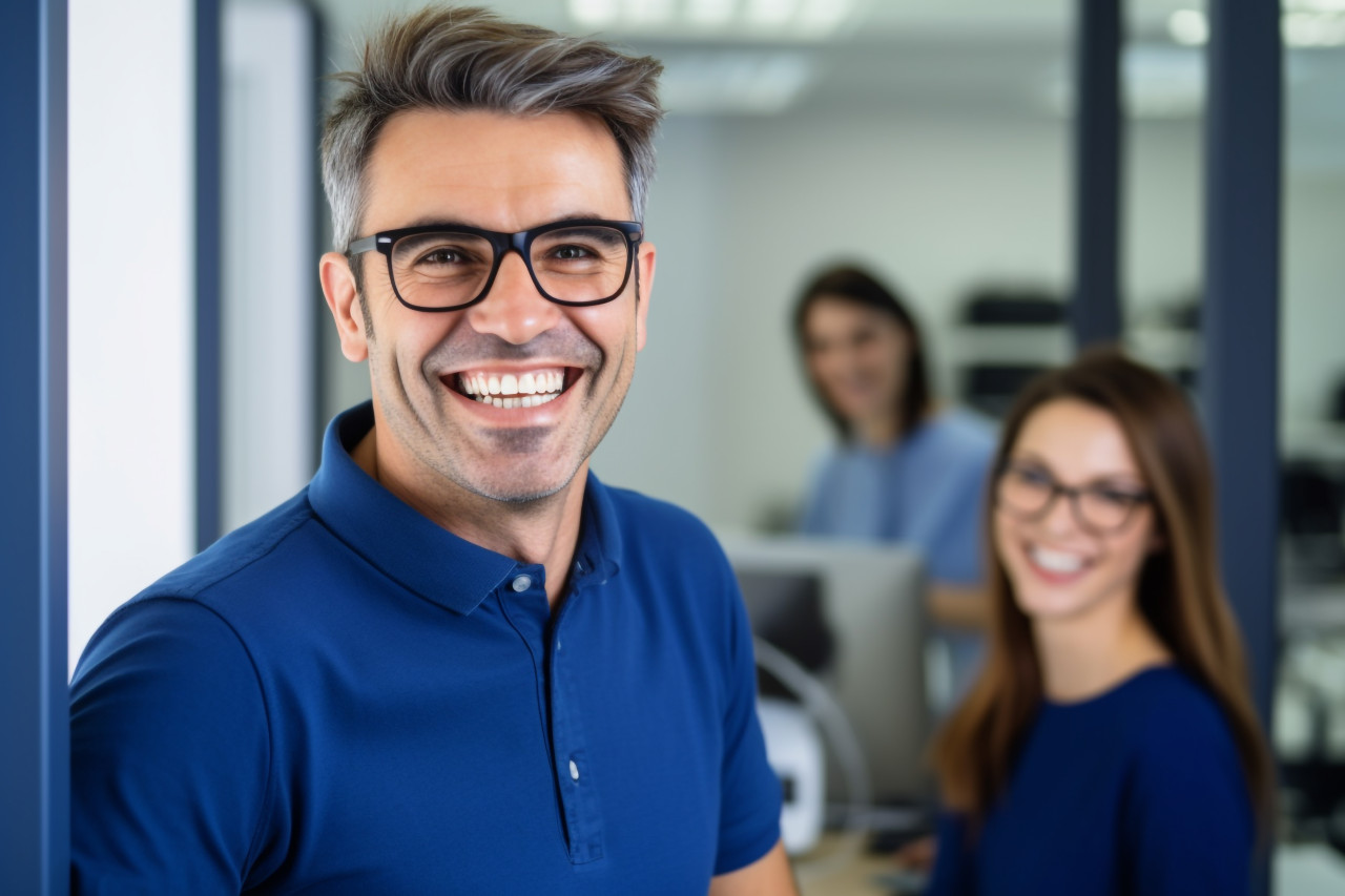 A photo of a smiling young businessman in a blue polo shirt and glasses standing in the office with his female co worker behind him, business and corporate inside office image