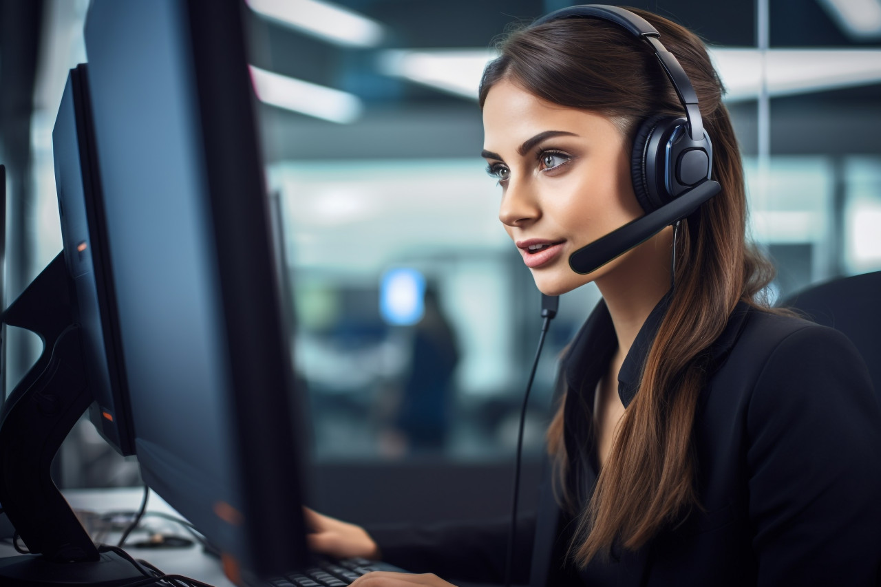 A picture of a young woman wearing a headset and using a computer in a modern office, business and corporate inside office photo