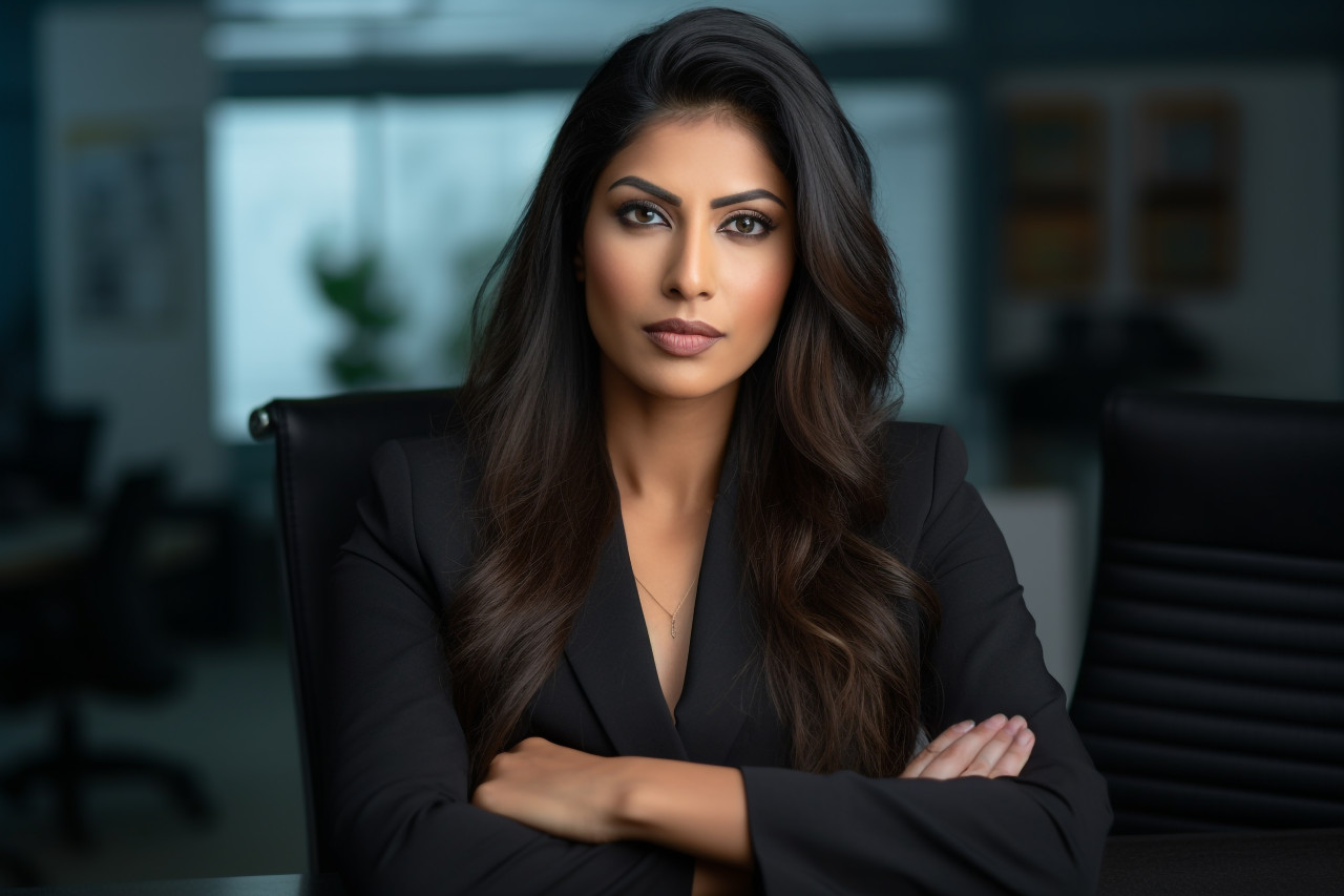 A photo of a confident indian woman business manager in an office and startup setting in toronto, business and corporate inside office photo