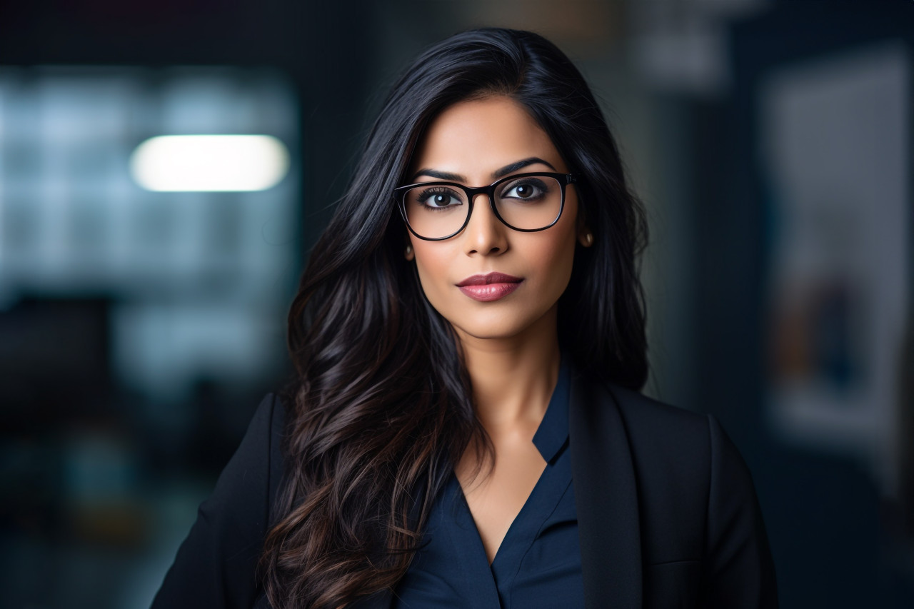 A photo of a confident indian woman business manager in an office and startup setting in toronto, business and corporate inside office photo