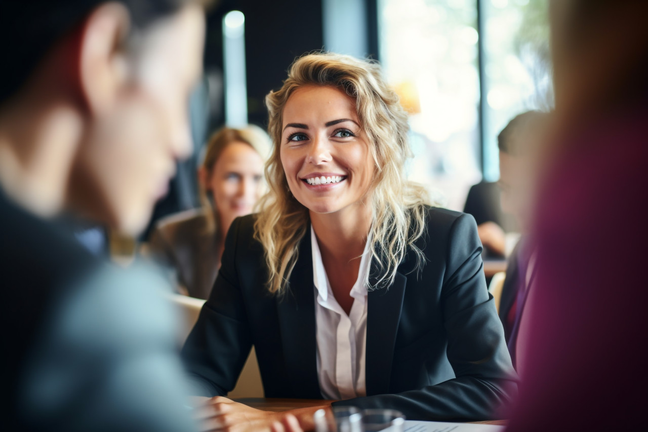 Picture of a confident and stylish businesswoman smiling and talking in a meeting sharing her new marketing ideas, business and corporate inside office photo