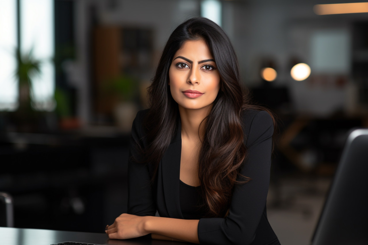 A photo of a confident indian woman business manager in an office and startup setting in toronto, business and corporate inside office photo