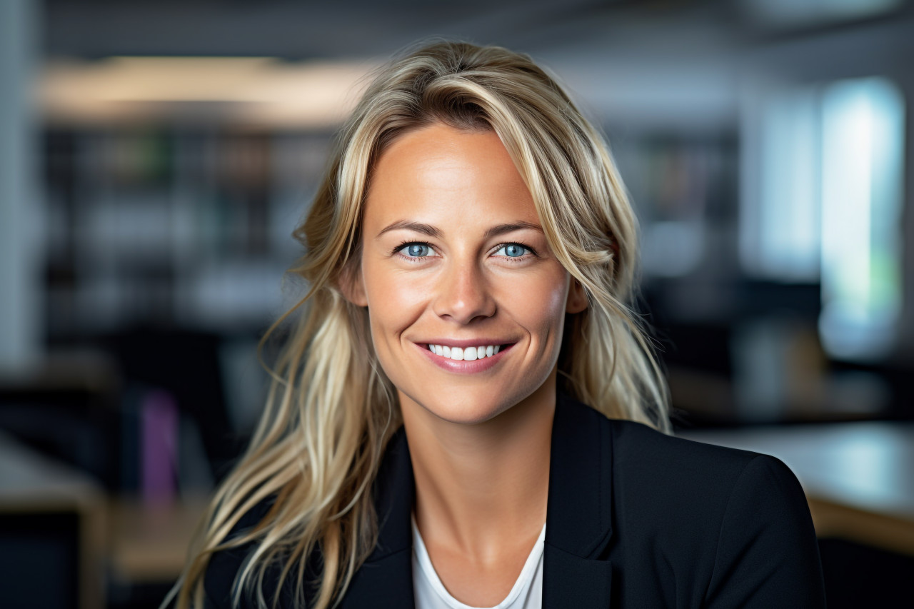 A picture of a happy looking woman who works in human resources or as a corporate employee in a modern office, business and corporate inside office photo