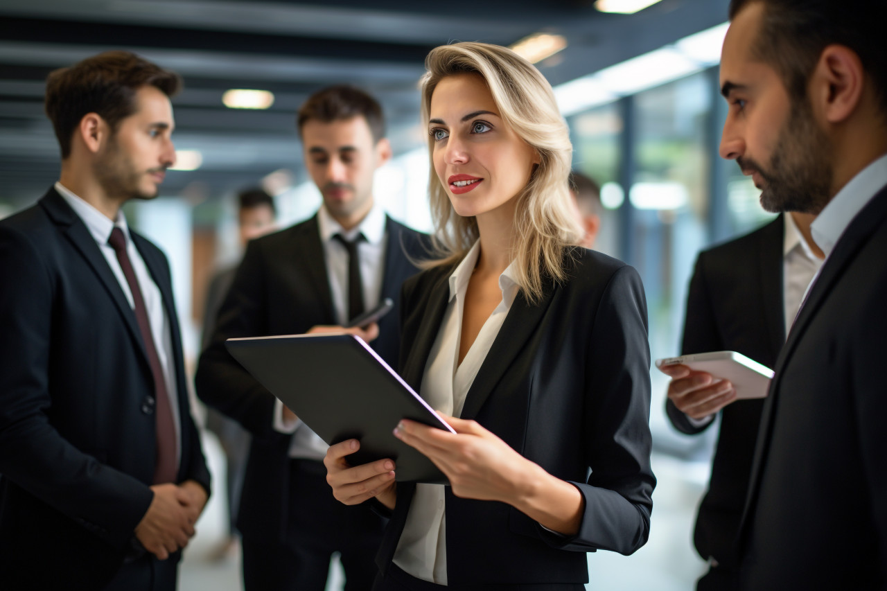 A photo of a business woman with a tablet in her hands in front of her and her co workers talking about business behind her, business and corporate inside office photo