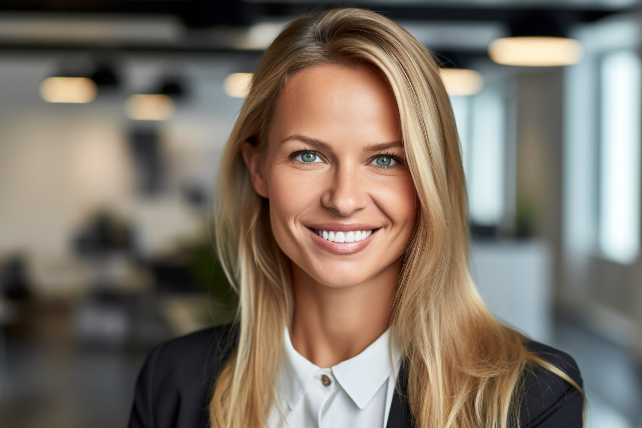 A picture of a happy looking woman who works in human resources or as a corporate employee in a modern office, business and corporate inside office photo