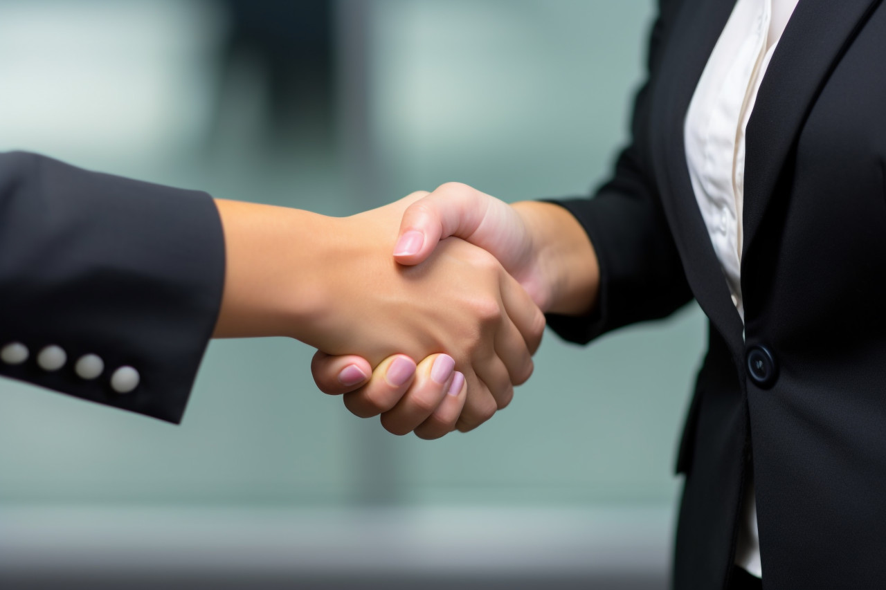 A photo of two business women shaking hands both looking happy confident and excited one woman may be a human resources manager and the other woman may be a colleague partner or employee, business and corporate inside office photo