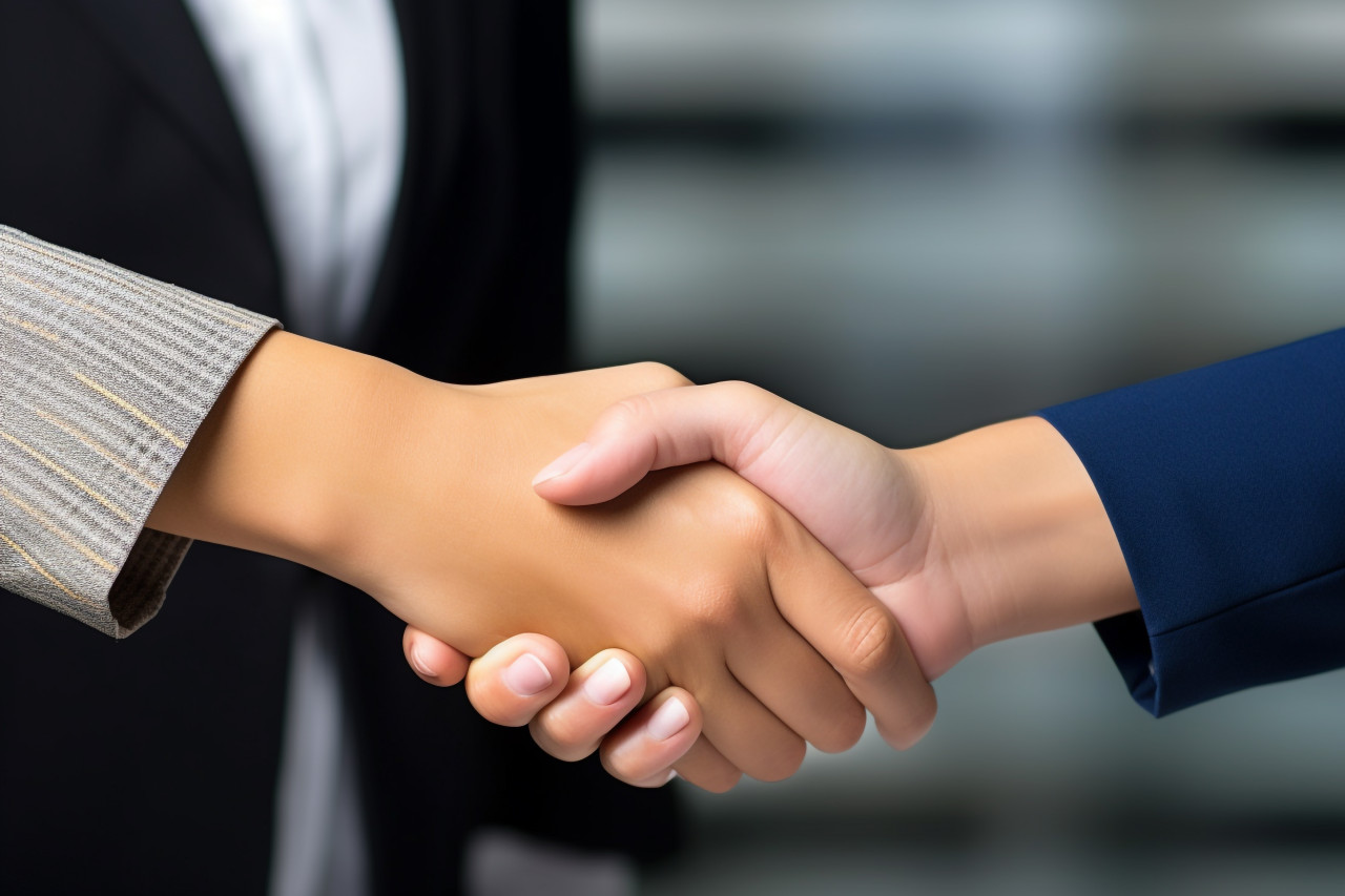 A photo of two business women shaking hands both looking happy confident and excited one woman may be a human resources manager and the other woman may be a colleague partner or employee, business and corporate inside office photo