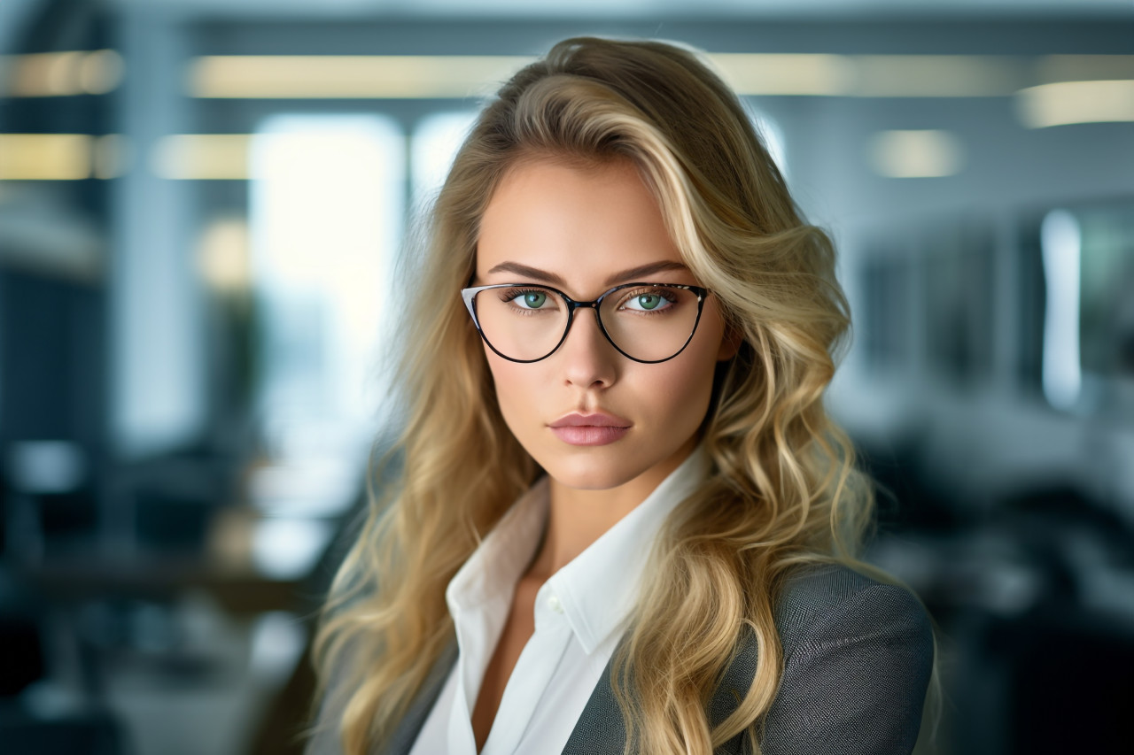 A picture of a businesswoman standing in an office, business and corporate inside office image