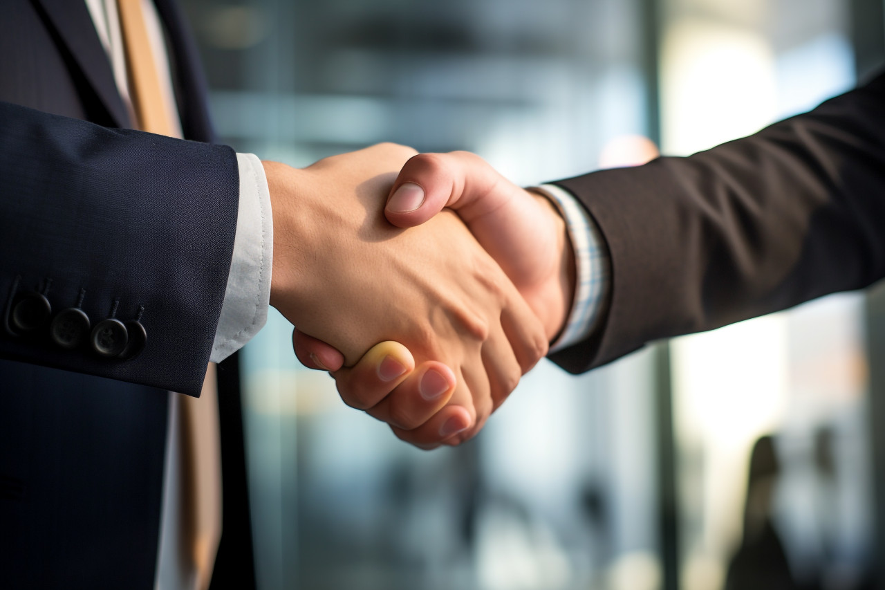 A close up photo of business people shaking hands in an office meeting  representing the concepts of business and partnership, business and corporate inside office image