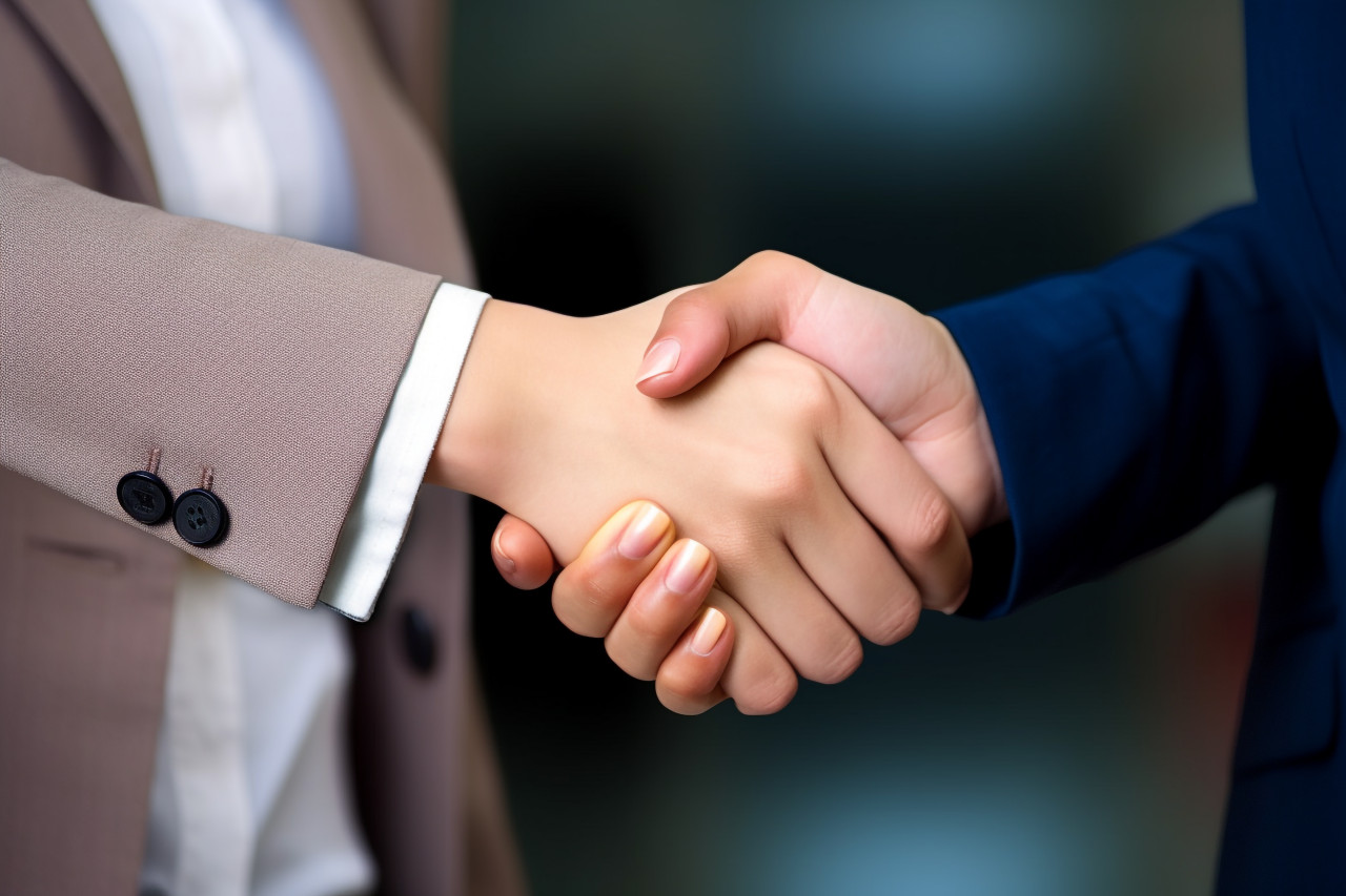 A photo of two business women shaking hands both looking happy confident and excited one woman may be a human resources manager and the other woman may be a colleague partner or employee, business and corporate inside office photo