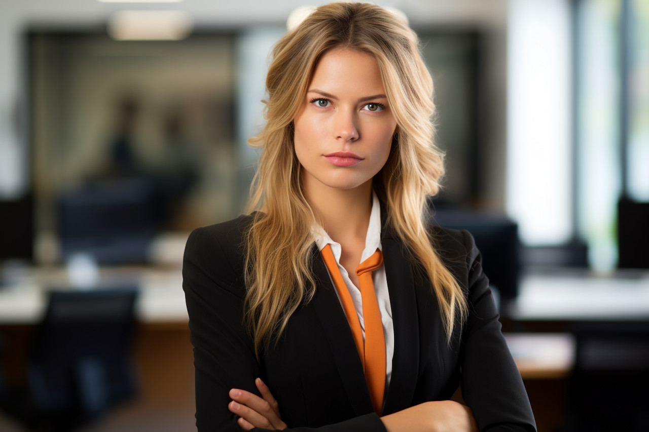 A picture of a businesswoman standing in an office, business and corporate inside office image