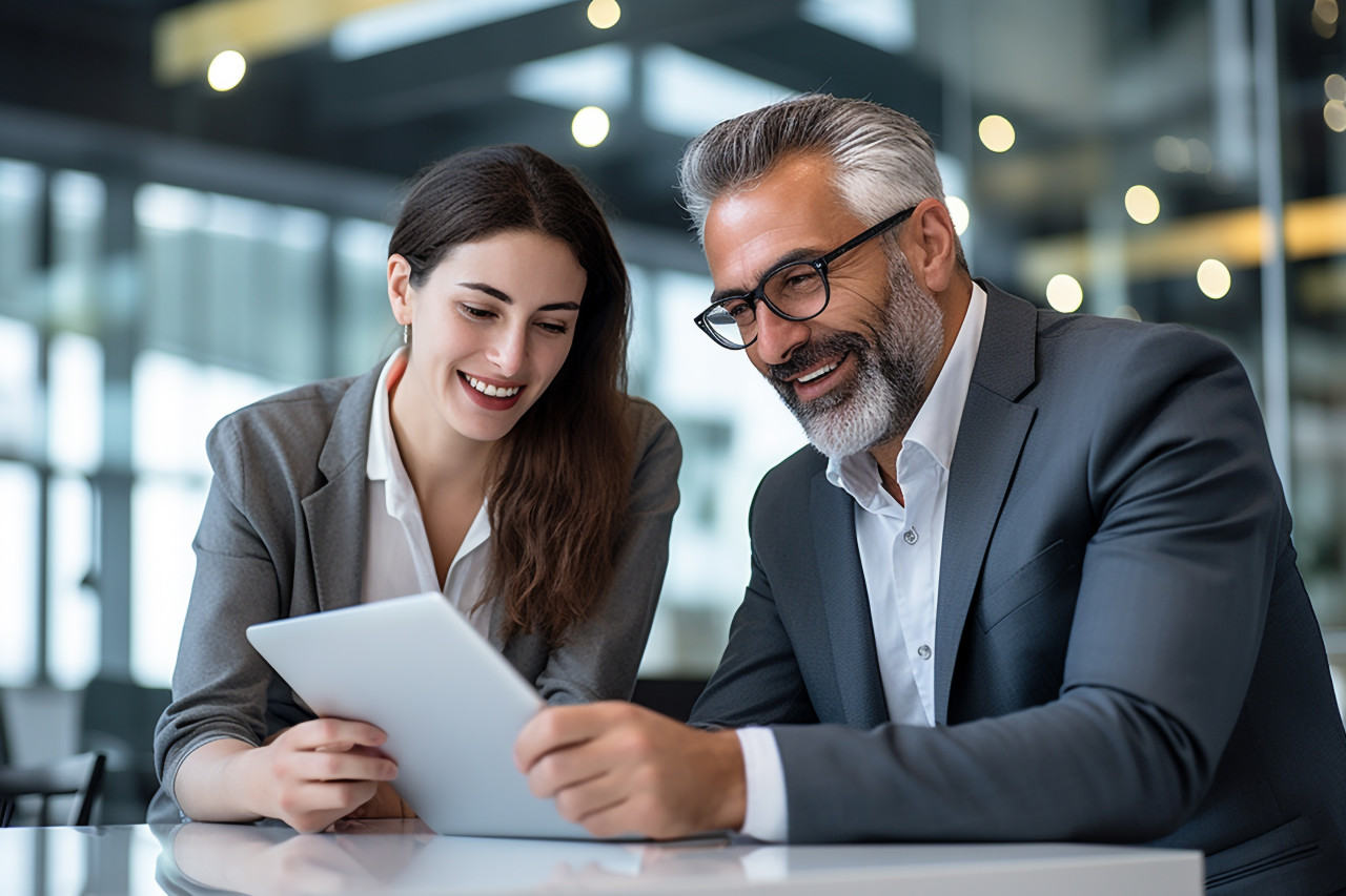 Picture of two confident business people sharing a digital tablet while working at a desk in a modern office, business and corporate inside office image