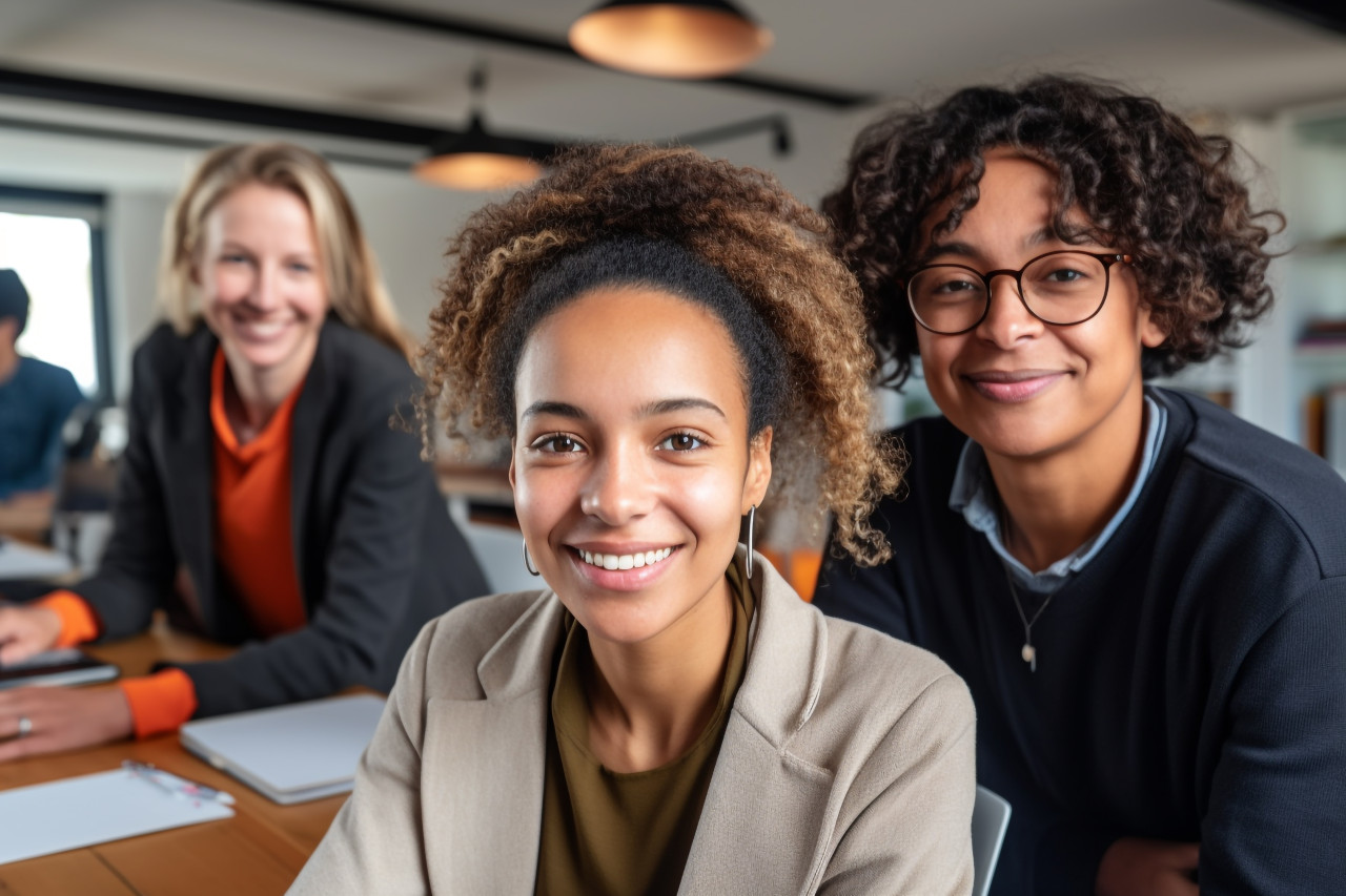 A photo of a group of business people from different races working in a modern office the photo is focused on the face of an older woman, business and corporate inside office photo
