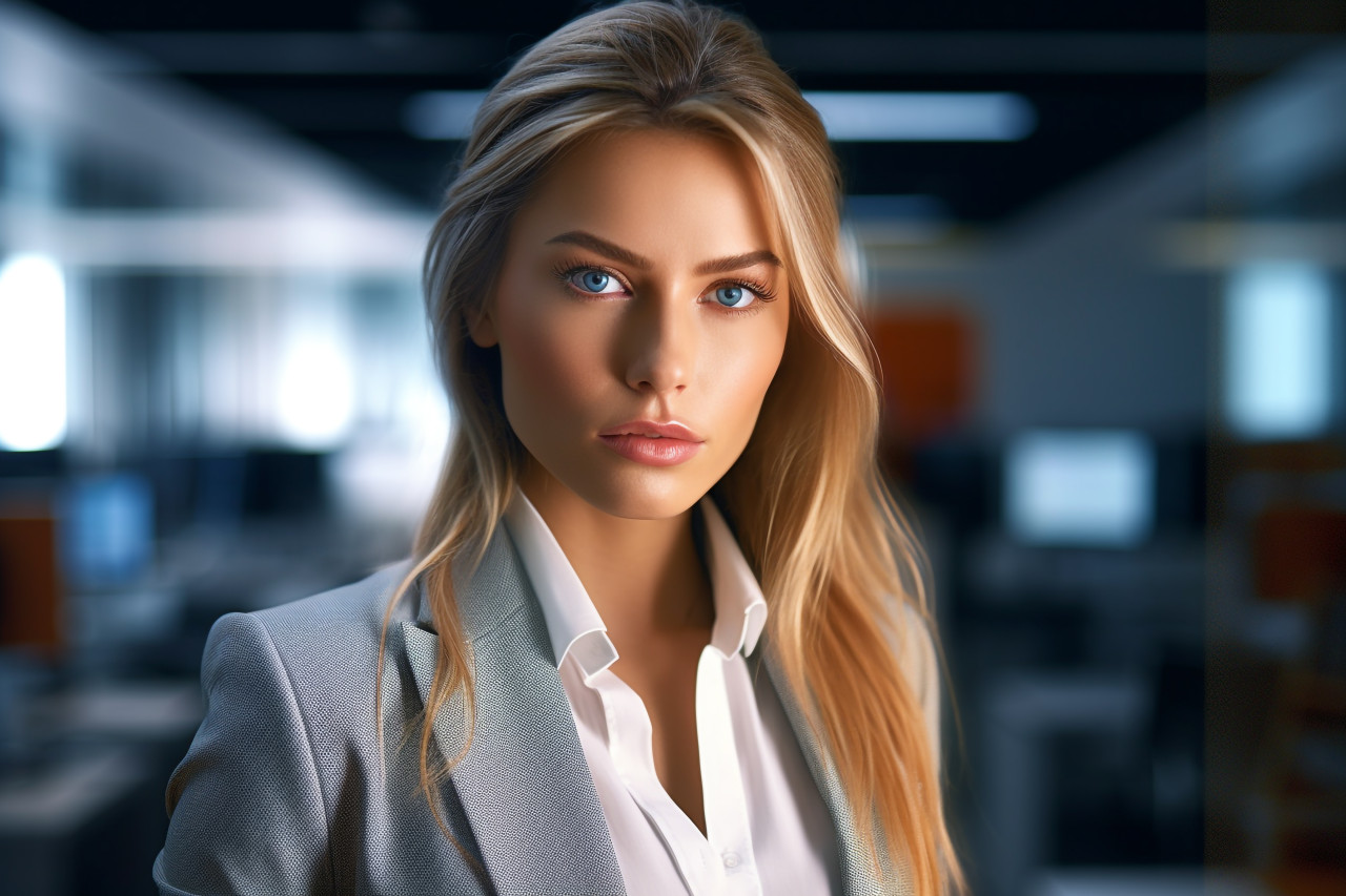 A picture of a businesswoman standing in an office, business and corporate inside office image